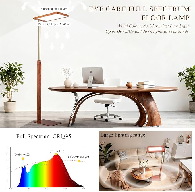 STERREN Vintage Farmhouse Industrial Floor Lamp, 76'' Full Spectrum Eye-Care Height Adjustable Reading Lamp, 2700K-5000K Dimmable Office LED Light for Study Room, Meeting Room, Mahogany