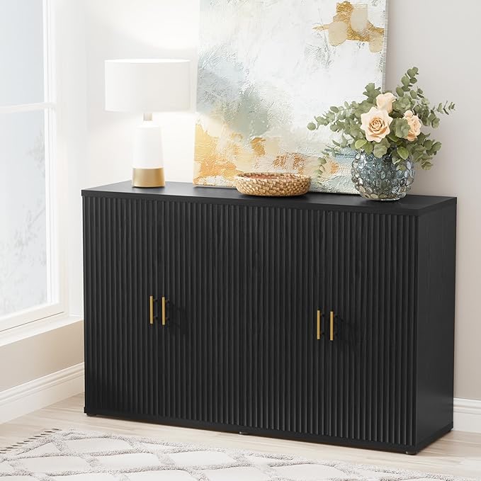 Yechen Black Accent Fluted Sideboard Buffet Cabinet with Storage and 4 Doors, Mordern Credenza Storage Cabinet with Adjustable Shelves, Media Console Table, for Living Room Dinning Entryway Kitchen