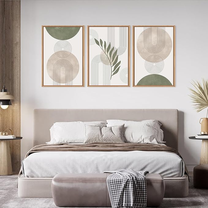 HPINUB Sage Green Boho Framed Canvas Wall Art Set, Minimalist Beige Green Botanical Wall Decor, Abstract Geometric Line Leaf Canvas Painting for Living Room, Bedroom, Dining Room, Office Decor-24"x36"x3
