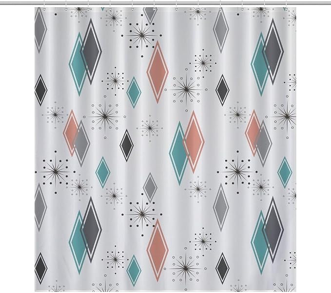 Mid Century Modern Shower Curtain,Retro Abstract Atomic Starburst Geometric Diamond Pattern Shower Curtains Set for Bathroom Fabric Decorative Bath Curtain Washable Curtain Hooks, 72x72 in