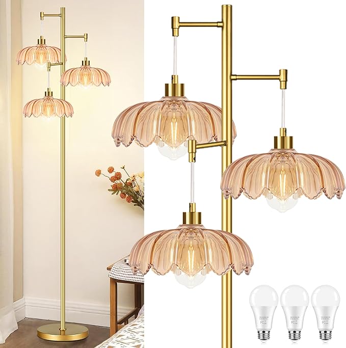 Vintage Floor Lamps for Living Room Bedroom-3 Light Glass Floor Lamp with Three Led Bulb, Flower Tall Floor Lamp Gold Mid Century Modern Standing Lamp Tree Floor Lamps for Living Room Bedroom Corner