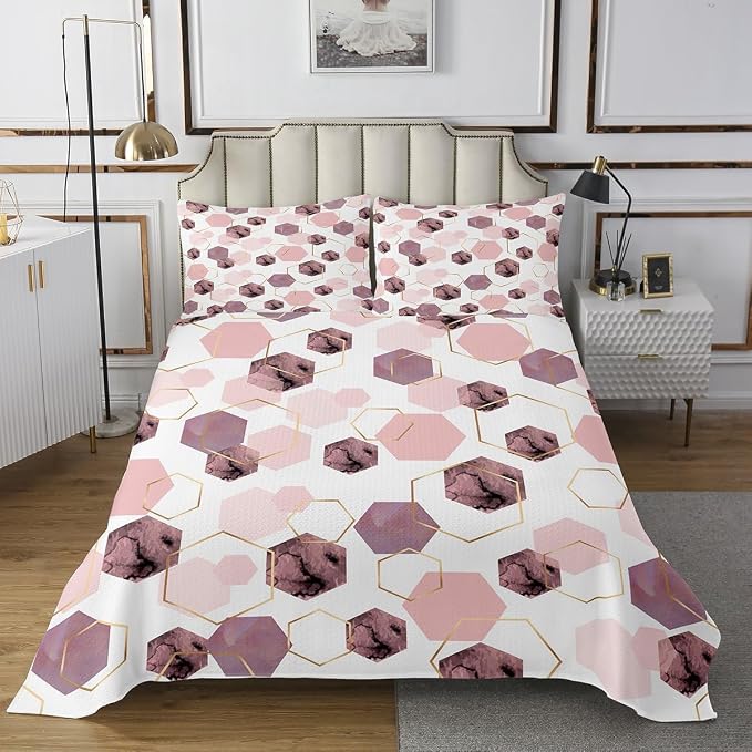 Erosebridal Modern Pink Quilt Set for Bedroom - Marbling Geometric Art Kids Coverlet Set, Girly Abstract Golden Striped Bedspread Sets for Home Decor, Twin 2 Pieces