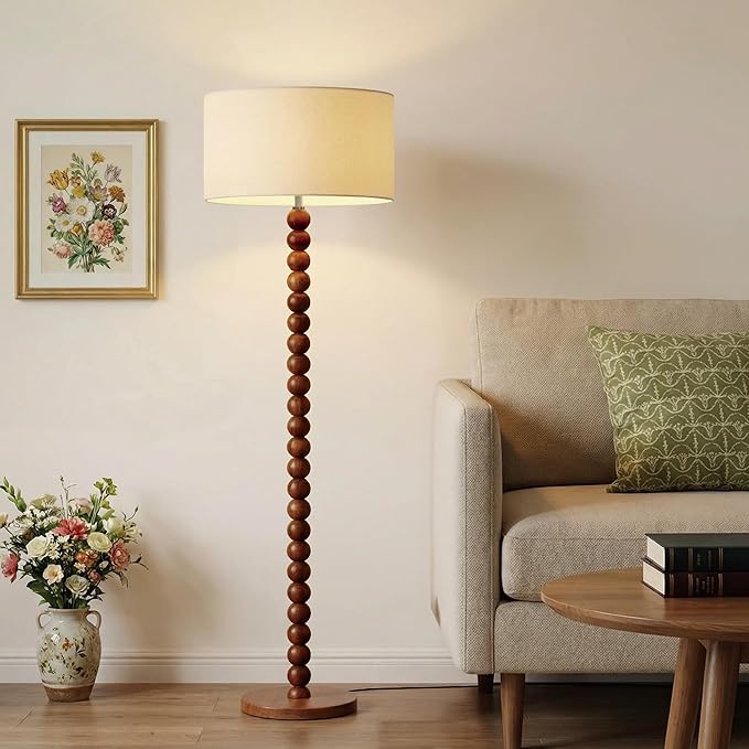 Buruis 61" Beaded Wood Floor Lamp with 17.2" Large Linen Shade, Retro Mid-Century Accent Walnut Finish Standing Lamp for Living Room, Bedroom, Office, Corner, UL Listed, Bulb Not Included, Beige