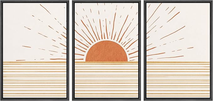 wall26 Framed Canvas Print Wall Art Set Mid-Century Ocean Sunset Sun Horizon Nature Abstract Illustrations Modern Art Bohemian Decorative for Living Room, Bedroom, Office - 24"x36"x3 Black
