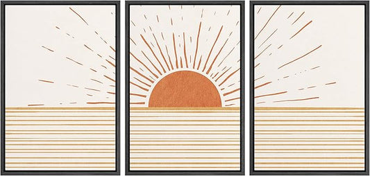 wall26 Framed Canvas Print Wall Art Set Mid-Century Ocean Sunset Sun Horizon Nature Abstract Illustrations Modern Art Bohemian Decorative for Living Room, Bedroom, Office - 16"x24"x3 Black