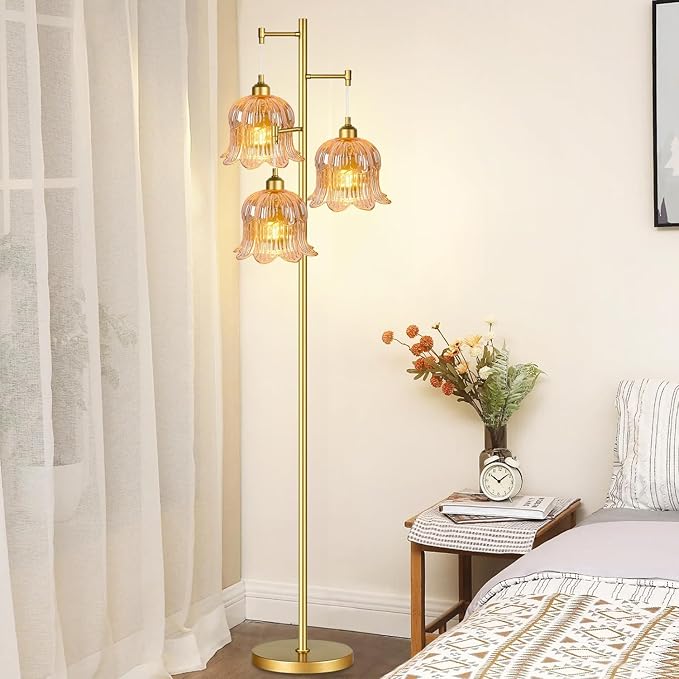 Glass Floor Lamp for Living Room,Bedroom,Mid Century Modern Standing Lamp Brass Tree 3 Light Tall Floor Lamps Vintage Floor Lights Gold Tulip Flower Lamp Shade Farmhouse Boho Bohemian