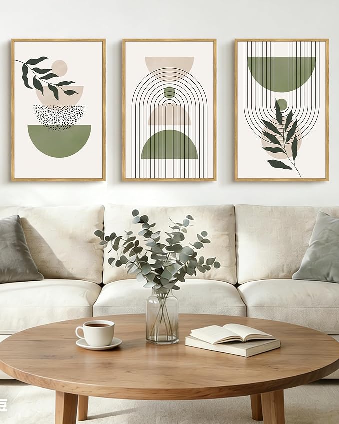 Drsoum Green Botanical Boho Wall Art Framed Modern Sage Bohemian Plant Wall Decor Abstract Geometry Lines Prints Ready to Hang 16x24in Natural Framed