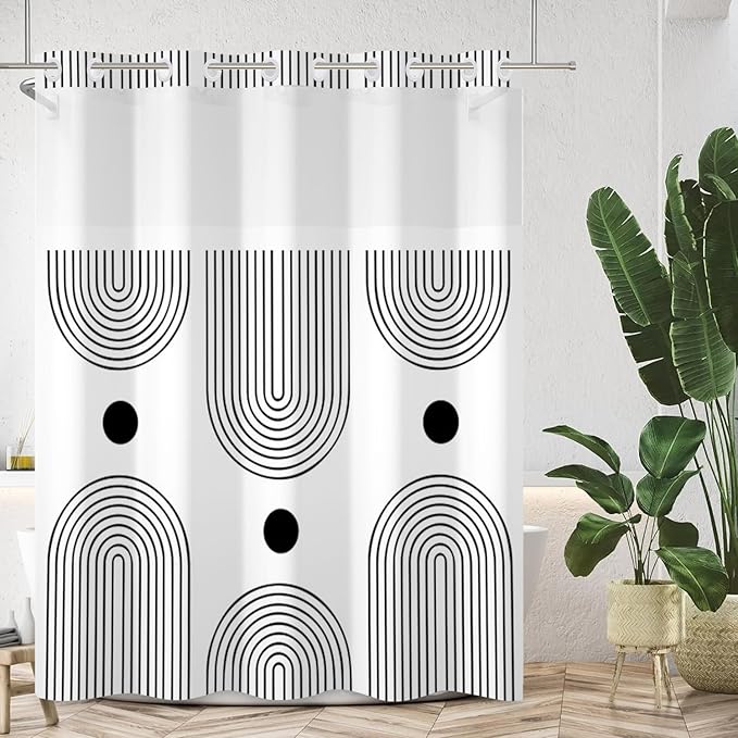 No Hook Shower Curtain with Snap in Liner Set Boho Shower Curtain Mid Century Modern Black and White Abstract Arch Fabric for Bathroom 71x74 Inch
