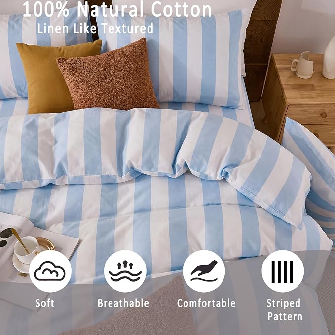 Merryword Blue and White Striped Duvet Cover Set King Size, 100% Cotton Bedding Set with Zipper Closure & 8 Corner Ties, Luxury Linen Like Bedding, Soft Breathable Comforter Cover for All Seasons