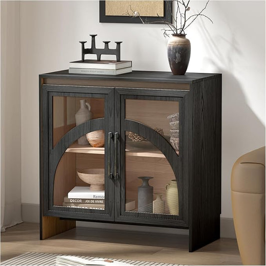 Accent Cabinet with Arched Glass Doors, 31.5” Modern Sideboard Buffet Cabinet with Adjustable Shelves, Storage Cabinet for Living Room, Entryway, Dining Room, Coffee Bar, Black & Oak