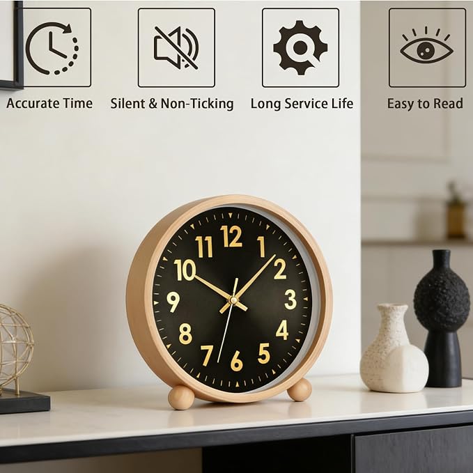 Maxspace Wooden Table Clock,8in Silent Non-Ticking Desk Clock,Battery Operated Desktop Analog Clock for Living Room Office Bedroom Decor (Black Gold - Log, Wooden Ball Base)