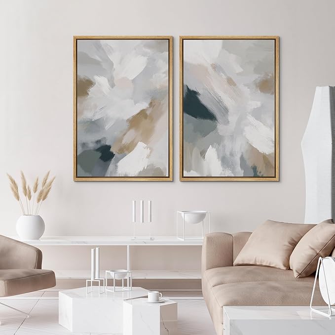 IDEA4WALL Framed Canvas Print Wall Art Set Neutral Brushstroke Abstract Modern Minimalist Illustrations Modern Art Decorative Bohemian Calm/Zen for Living Room, Bedroom, Office - 16"x24"x2 Natural