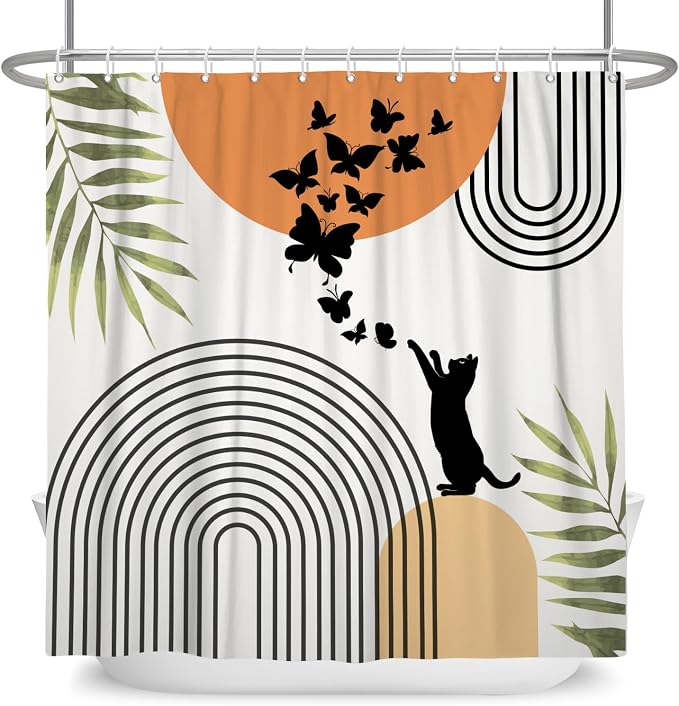 Mid Century Cat Shower Curtain Abstract Boho Geometric Minimalist Black Cat Butterflies Green Leaf Aesthetic Shower Curtain for Bathroom Decoration Accessories with Hooks 60x72 inch