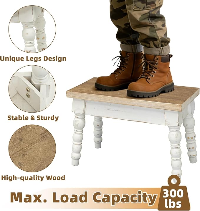 Farmhouse Wooden Step Stool, Solid Wood Step Stool for Kids Adults, Plant Stand Indoor Decor, Portable and Sturdy Versatile Foot Stools for Bathroom, Bedroom, Office, Kitchen (Rectangle)