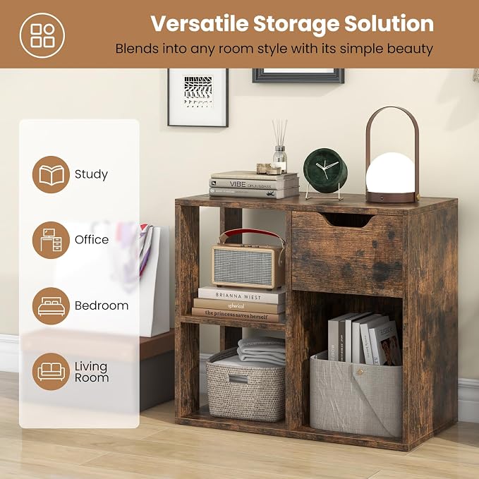 LOKO 3-Cube Bookshelf with Drawer Set of 2, 2-Tier Open Shelf Bookcase, Freestanding Display Shelf, Modern Home Storage Organizer, Shelving Unit for Living Room, Study, Office (2, Rustic Brown)