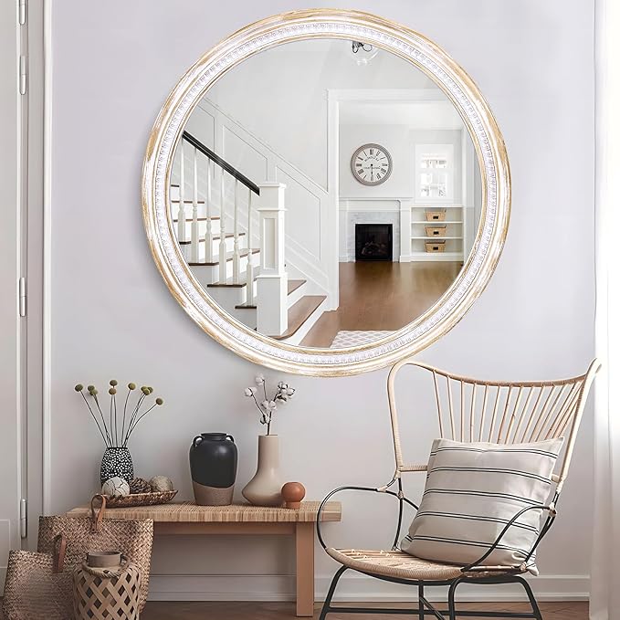 36 Inch Farmhouse Round Wood Mirror, Rustic Boho Circle Decorative Mirrors for Bathroom, Living Room, Entryway, Bedroom, Hallway