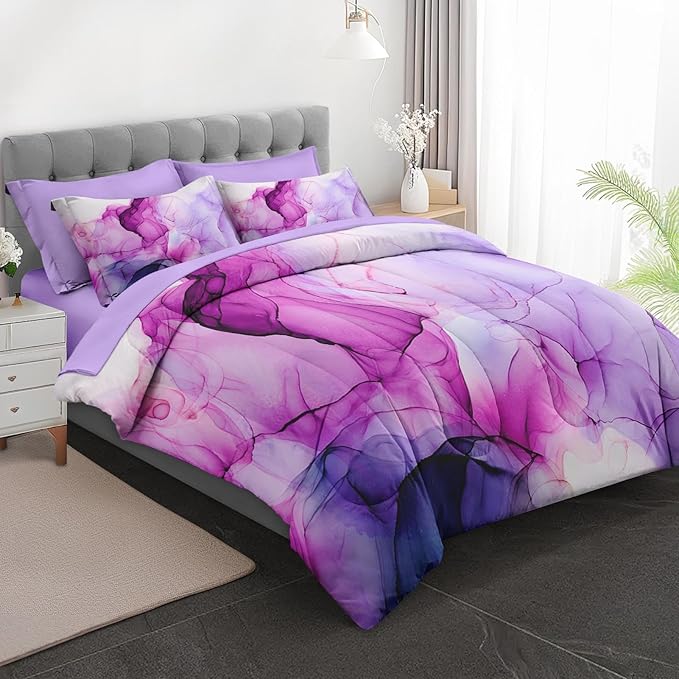 7Pcs Comforter Set Full Size, Blue Purple Lavender Marble, Bedding Decor Pink Watercolor Smoke Abstract Shapes Bedroom Bed Set Flat Sheet Fitted Sheet Pillowcases Shams for Kids Adults
