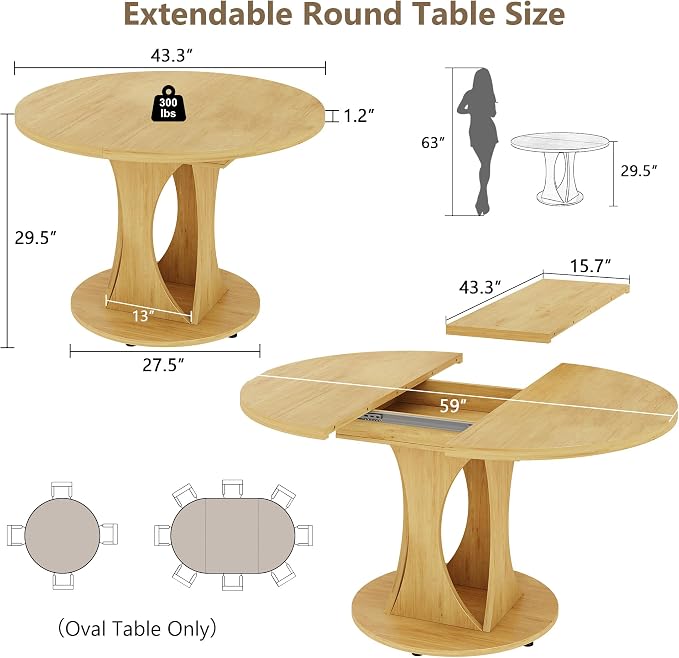 Einhomn 59" Extendable Round Dining Table for 6-8, Kitchen Table with Sturdy Double Arc Base & Backboard Clasp Desktop, Mid-Century Modern Dinner Table, Kitchen Dining Room, Space Saving, Natrual