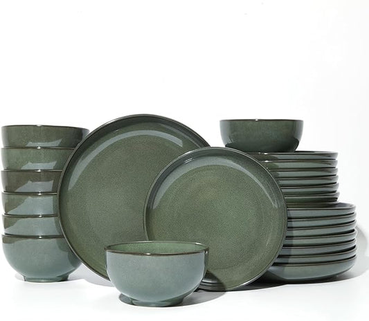 Plates and Bowls Sets for 8, 24 Piece Dinnerware Set for Large Families & Entertaining, Elegant Design, Dishwasher & Microwave Safe, Chip Resistant and Durable, Forest Green