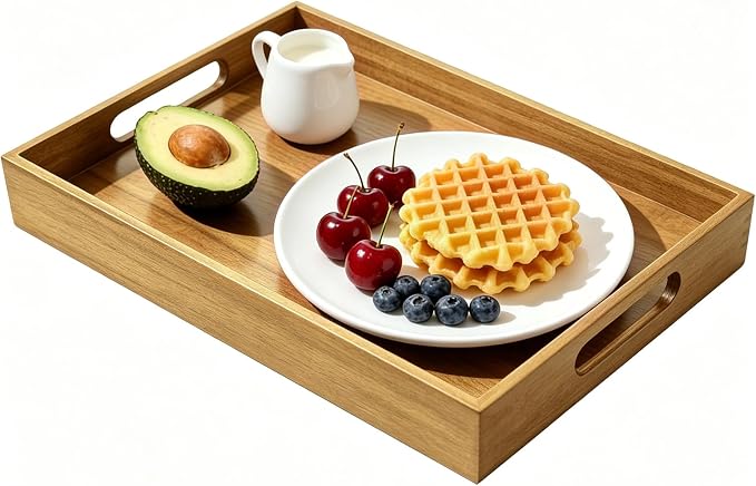 Acacia Wood Serving Tray with Handles, 17 x 12 Inch Large Wooden Tray for Food & Drinks, Coffee Table, Ottoman, Breakfast in Bed – Includes Free Leather Mat