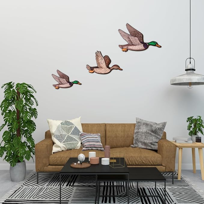 FLHRSM Mallard Duck Baby Stuff 3PCS, Wooden Mallard Ducks Hunting Wall Decor Vintage Farmhouse Wall Art, Nursery Living Room Decor Rustic Baby Shower Party Gifts, Carved Flying Birds Hanging Signs