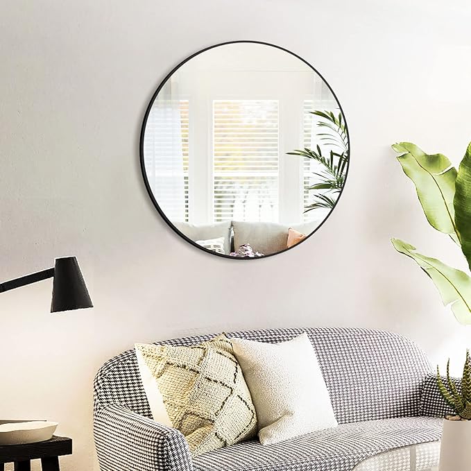 HARRITPURE Round Mirror 15.7" Black Wall Mounted Circle Mirror with Aluminum Alloy Frame Modern Design for Bathroom, Living Room, Vanity, Bedroom, Entryway