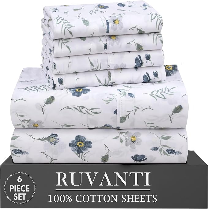 RUVANTI 100% Cotton Percale Sheets Queen Size 6 Piece Set, Cooling Bed Sheets for Hot Sleepers, Deep Pocket 16”, Breathable Lightweight & Durable, Crisp Hotel Style Sheets, Coastal Blue