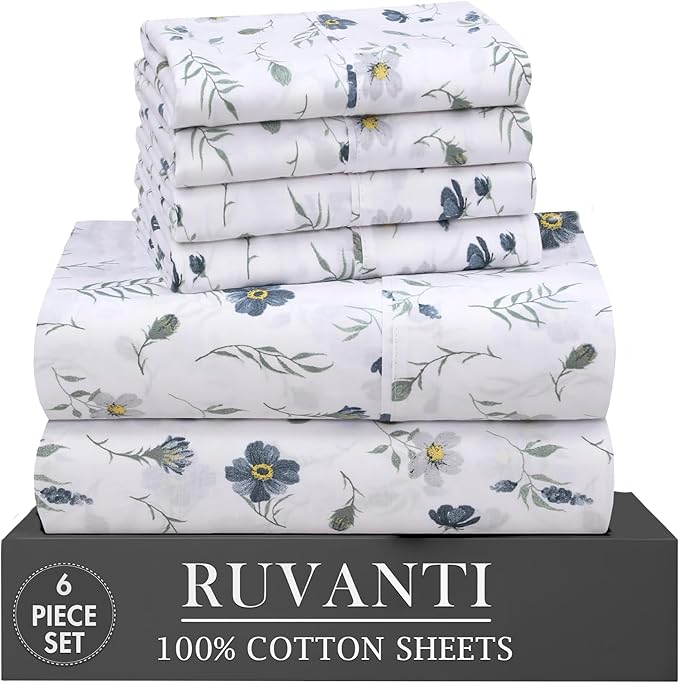 RUVANTI 100% Cotton Percale Sheets Full Size 6 Piece Set, Cooling Bed Sheets for Hot Sleepers, Deep Pocket 16”, Breathable Lightweight & Durable, Crisp Hotel Style Sheets, Coastal Blue