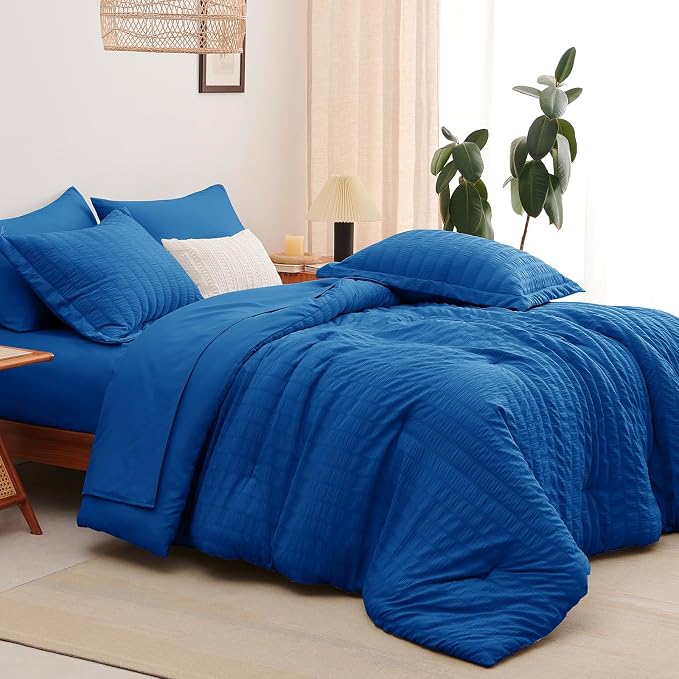 CozyLux King Size Comforter Set Classic Blue, 7 Pieces Seersucker Textured Luxury Bed in a Bag, All Seasons Soft Bedding Sets with Down Alternative Comforter, Sheets, Pillowcases & Shams, Home Gift