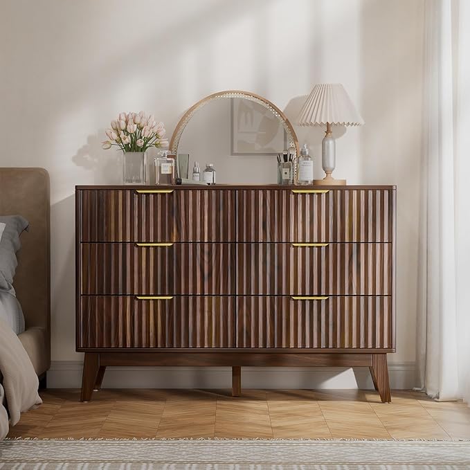 Modern 6 Drawer Dresser, Walnut, Fluted Wave Design, Rounded Corners, Mid Century Dresser TV Stand, 48" Wide Chest of Drawers for Bedroom and Living Room