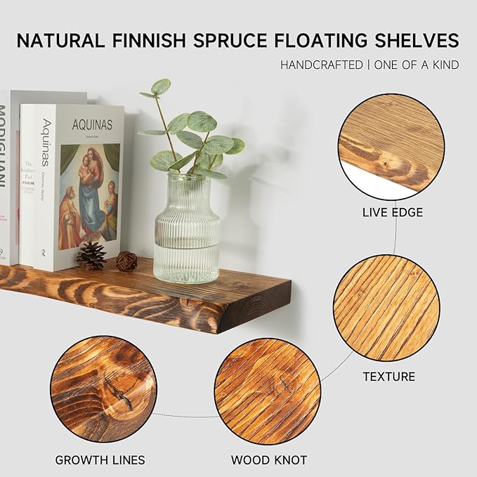 32 Inch Wooden Floating Shelves for Wall Set of 2, Finnish Spruce Solid Wood Shelf, Natural Wood Floating Shelves for Living Room, Bathroom, Bedroom, Kitchen, Brown Finish