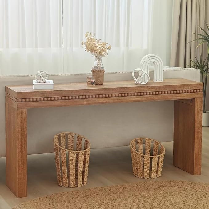 Wood Console Table, 64" Retro Long Sofa Table Behind Couch with Real Wood Beads Decor, Wooden Narrow Sofa Table Hall Table for Living Room Foyer Entrance Entryway, Natural