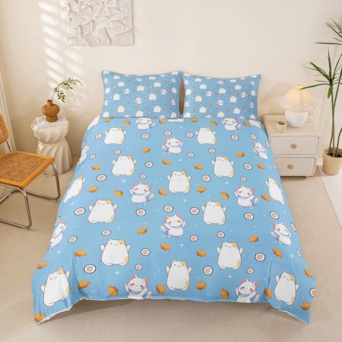Erosebridal Cute Cat Duvet Cover King Kawaii Cats Kitten Bedding Set Pet Animals Cat Lovers Comforter Cover for Kids Girls Boys Adults Sushi Snacks Blue Bed Set