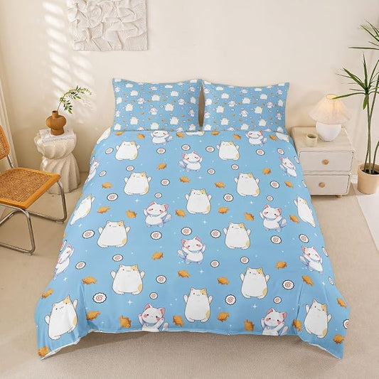 Erosebridal Cute Cat Duvet Cover King Kawaii Cats Kitten Bedding Set Pet Animals Cat Lovers Comforter Cover for Kids Girls Boys Adults Sushi Snacks Blue Bed Set