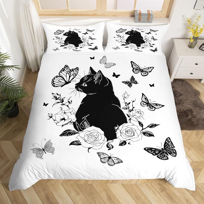 Erosebridal Elegant Cat Duvet Cover King Black Floral Butterfly Bedding Set Black and White Comforter Cover for Kids Girls Boys Adults Cute Animal Bed Set