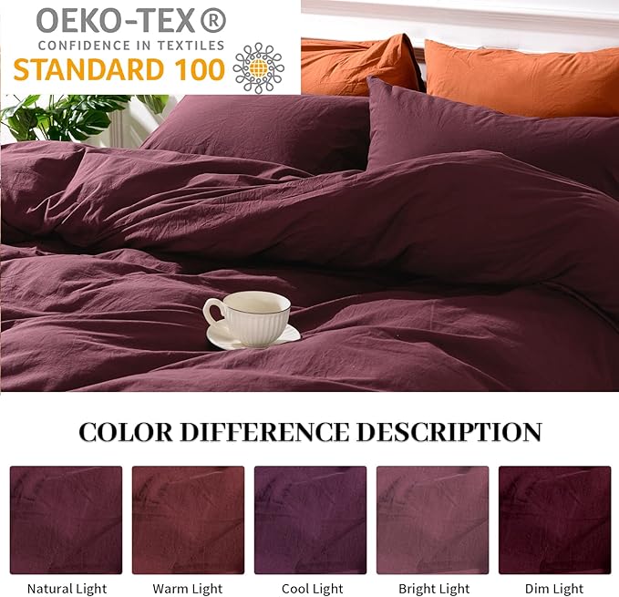 NEXHOME PRO Duvet Cover Set 100% Washed Cotton Oversized Queen 98"x98", Organic Natural Linen Look Textured 3 Pieces Bedding Set Burgundy Dark Red with Zipper Closure, Breathable (No Comforter)