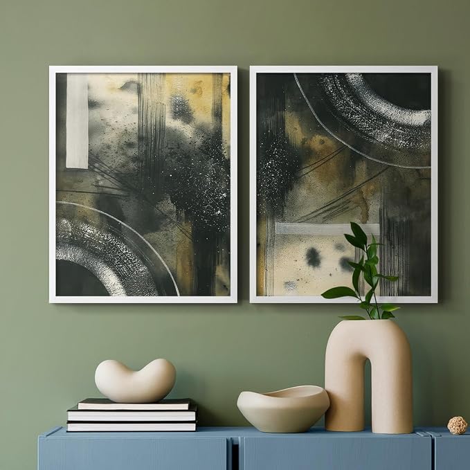 Renditions Gallery Set of 2 Peel & Stick Framed Prints, Moody Abstract Wall Art, Circular and Splattered Effects Wall Decor, Re-Stickable - Ready to Hang - 8"x10" - White Frame LT588
