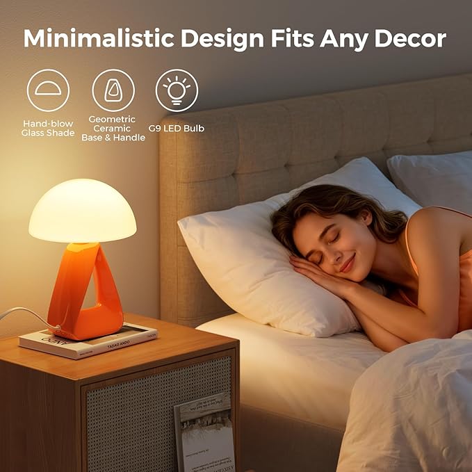 Mushroom Lamp, Small Table Lamp for Bedroom, Creative Geometric Ceramic Base Bedside Lamp, Mid Century Modern Side Table Lamp for Living Room Nightstand, Unique Aesthetic Home Decor Gift Ideas, Orange