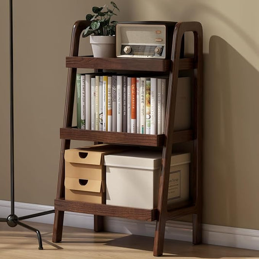 100% Solid Oak 3 Tier Ladder Shelf for Saving Space, Small Bookshelf with Stable Frame, Free Standing Ladder Shelves for Living Room Bedroom Couch, (Walnut, 17.72" W x 12.6" L x 31.5" H)