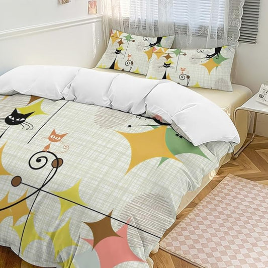 Mid Century Duvet Cover Sets Vintage Black Cat Modern Style Printed Lightweight Soft Quilt Cover Abstract Geometric Minimalist Soft Microfiber 3 Piece (1 Duvet Cover 68x86in + 2 Pillow Sham 20x30in)