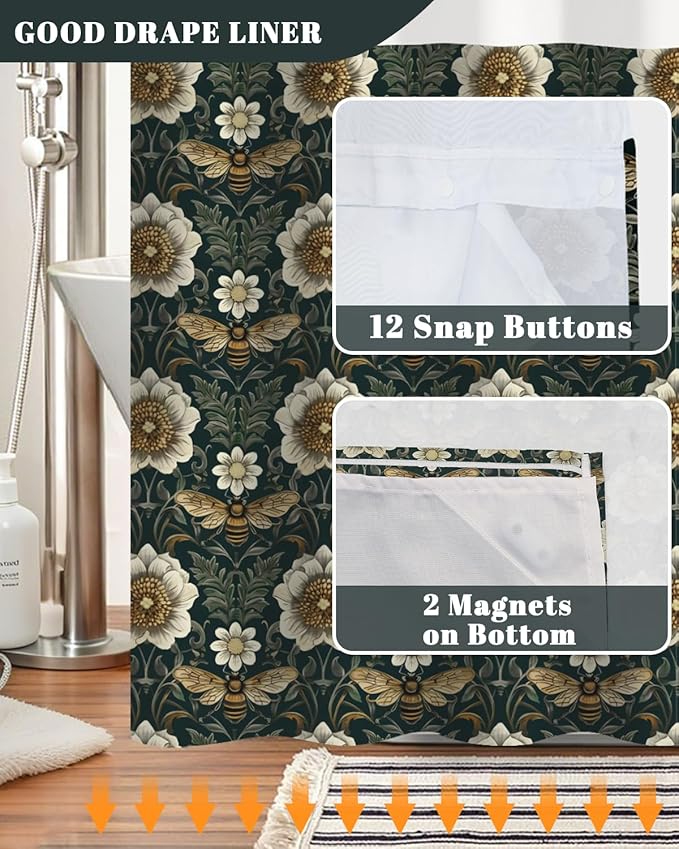 No Hook Shower Curtain with Snap in Liner Set - Vintage William Morris Floral & Bee Print Shower Curtains for Modern Farmhouse Bathroom, Waterproof Bath Tub Curtain with Mesh Top, 71Wx74H