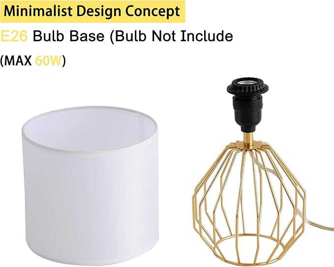 Brass Gold Table Lamp, Small Bedside Nightstand Lamp with White Fabric Shade, Metal Base Modern Geometric Desk Lamp for Bedrooms Living Room Office Kids Room