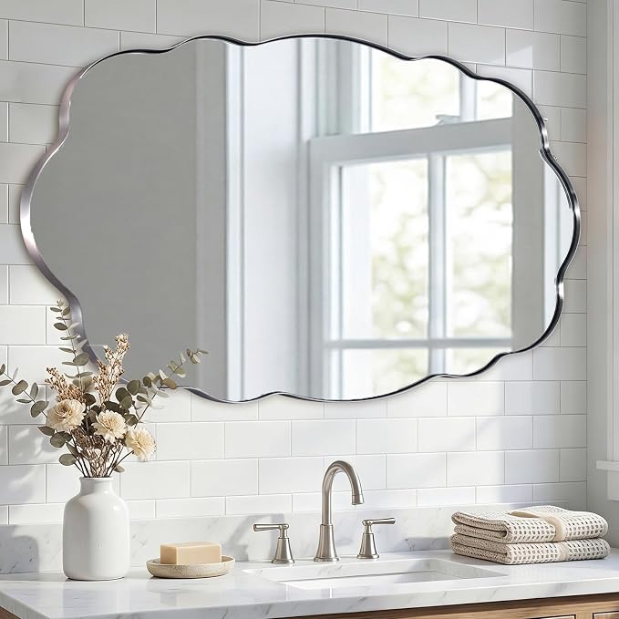ANDY STAR Chrome Wavy Oval Bathroom Mirror - 30x48 Inch Large Scalloped Bathroom Mirror, Unique Irregular Design with Polished SUS Metal Frame
