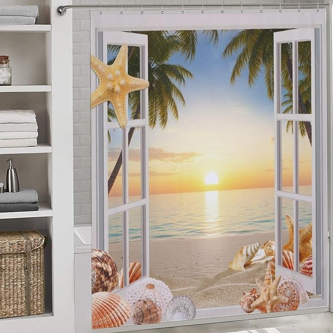 Ocean Beach Shower Curtains,Farmhouse Sunset Scenery Sea Wave Retro Wood Rustic Nature Landscape Bathroom Decor Polyester Fabric Waterproof Bathroom Curtain with Hooks,72x84Inch