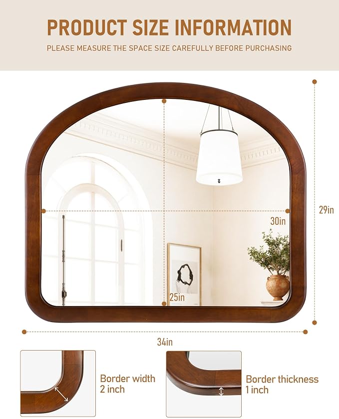 Arched Mirror 34 x 29 Inch,Walnut Brown Wood Rustic Bathroom Tempered Wall Mirror with Wood Frame,Round Corner Arch Farmhouse Wooden Vanity Mirror for Living Room,Entryway or Bedroom