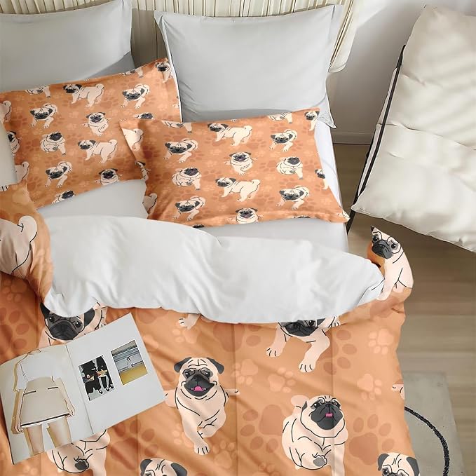 Comforter Set with Pillowcase Twin Size, Cute Brown Pug Dog Lover, Bed Decor Happy Puppy Animal Paws Gift for Kids and Adults, Soft Cozy Bedroom Bedding Set