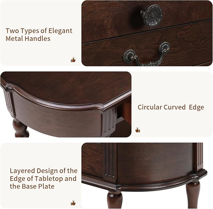 Solid Wood Retro Curved Console Table, 43" Half Moon Console Table Sofa Table Entryway Table with 3 Drawers Open Shelf Pine Roman Legs Curved Corners for Living Room,Entryway,Hallway,Espresso