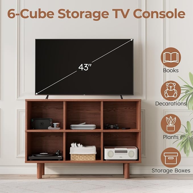 Solid Wood 6 Cube Storage Organizer, Horizontal Bookshelf with Storage, 2 Shelf Bookcase, 6 Cube Shelf, TV Stand Bookshelf, Small Book Shelf for Kids Rooms, Bedroom, Living Room, Offices (47.2 Wide)