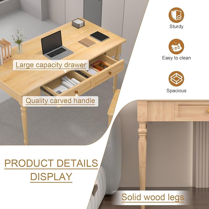 Solid Wood French Country Desk,Writing Desk with Storage Drawers,Farmhouse Computer Table Makeup Table Modern Simple Style,for Home Office Living Room Study Workspace Bedroom (Wood, 47.2IN)