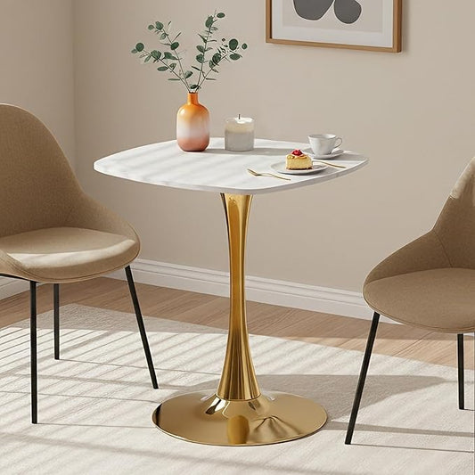 Small Square Dining Table,24" Tulip Table with Metal Pedestal,15-Minute Quick Assembly,Mid Century Modern Leisure Table for Kitchen Small Places Cafe (Faux Marble White Gold)